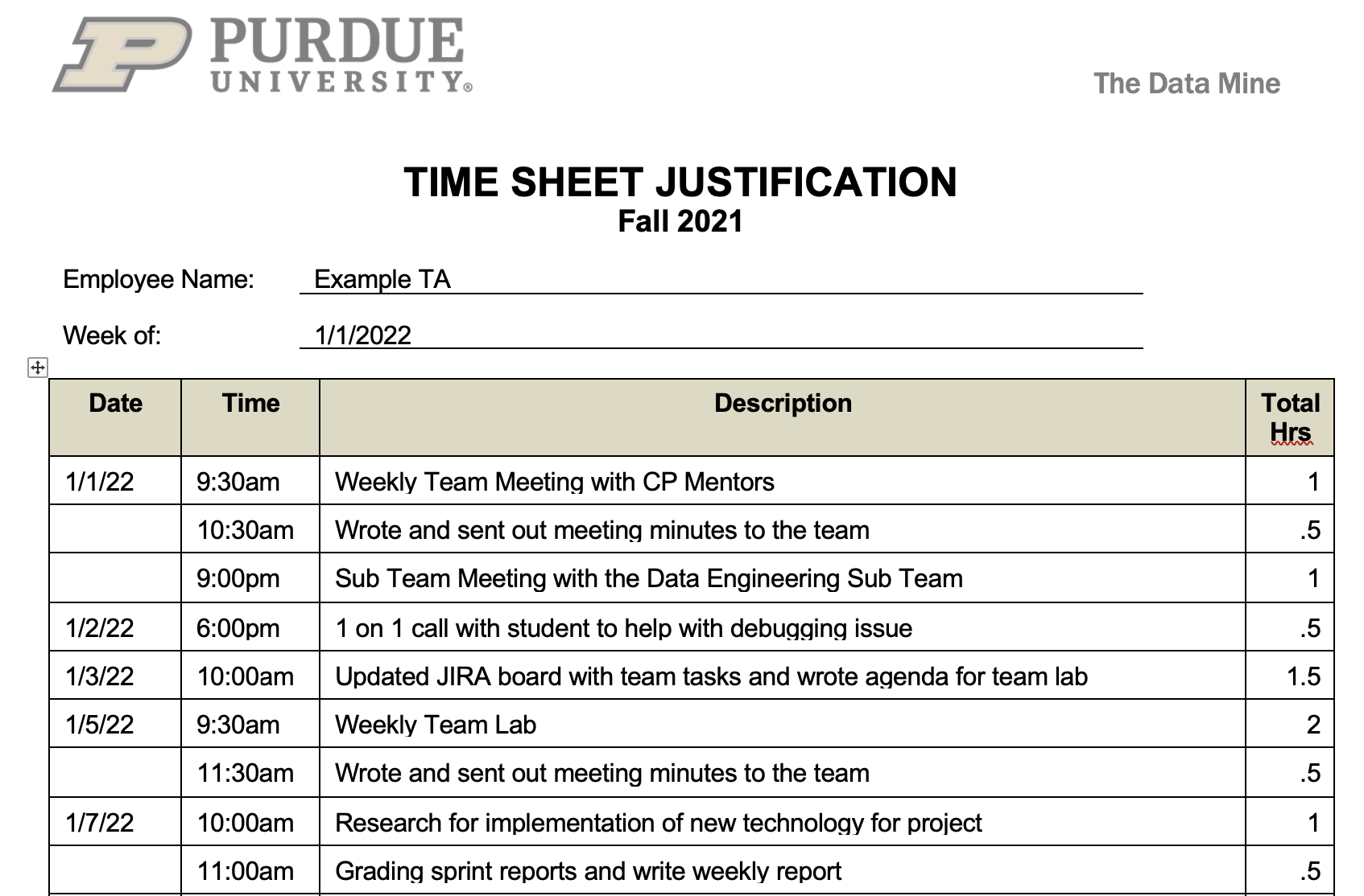 Sample Time Sheet